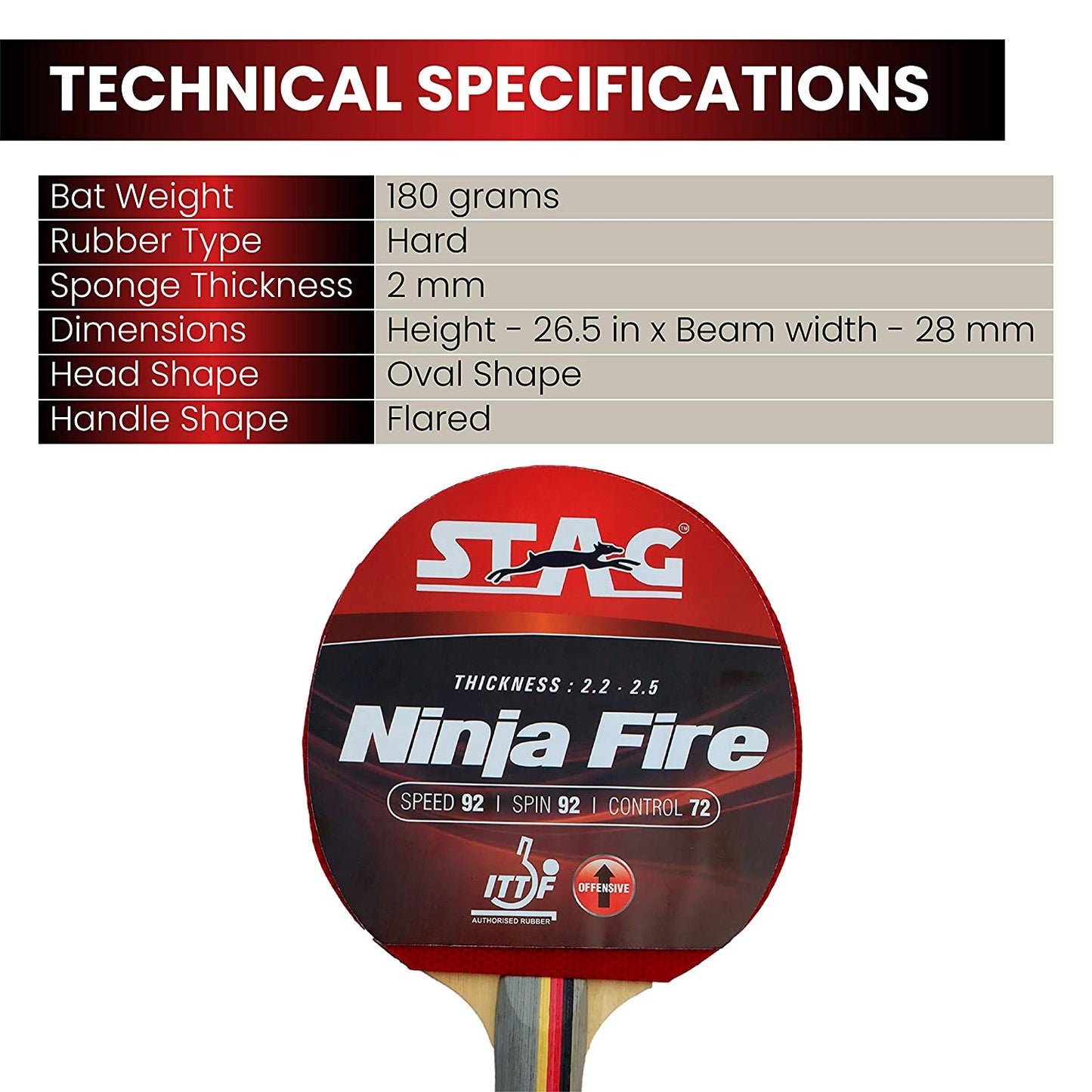 Stag Ninja Fire Table Tennis Racquet( Multi- Colour, 180 Grams, Advanced )